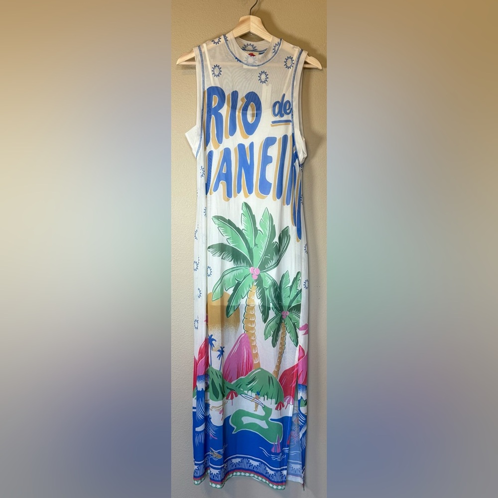 Farm Rio Rio De Janeiro Graphic Mesh Midi Dress Multicolor NWT Size XS - Picture 2 of 11